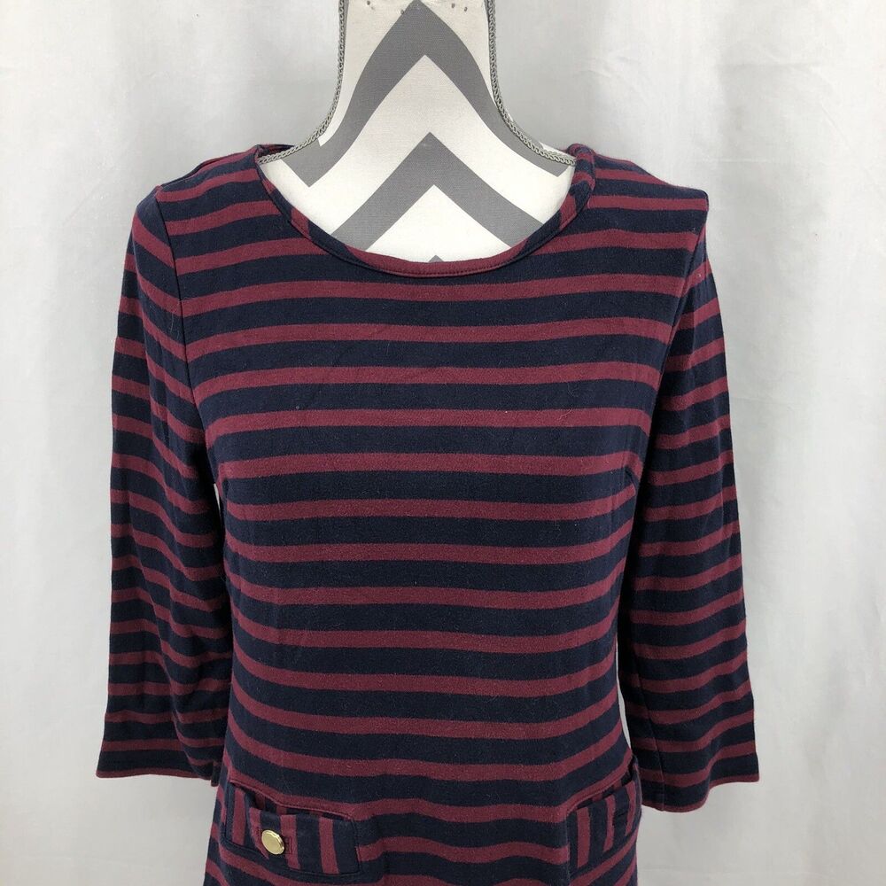 Talbots Midi 3/4 Sleeve Striped T-shirt Dress Faux Pockets Missing Button Medium